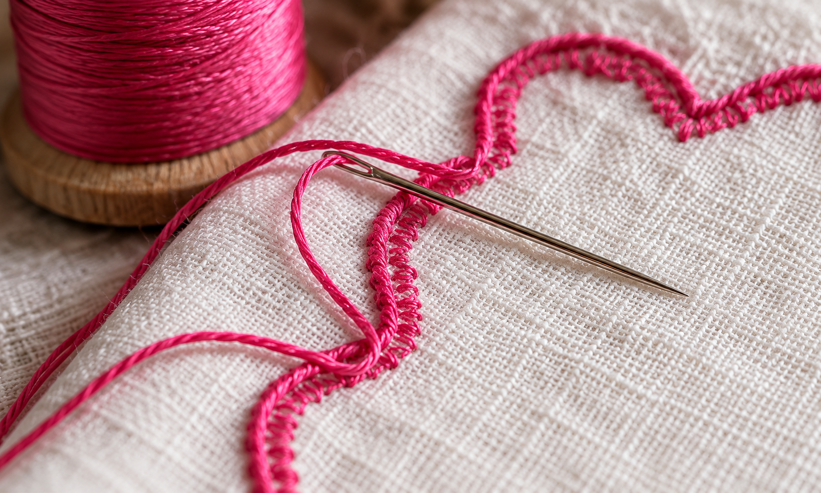 Pink embroidery thread and a needle on textured white linen