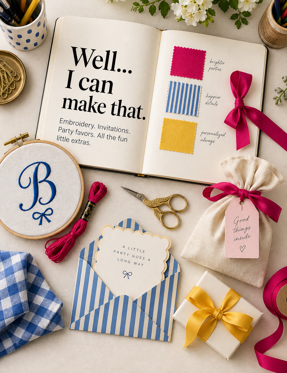 Embroidery, ribbon, fabric swatches, and colorful paper on a creative worktable